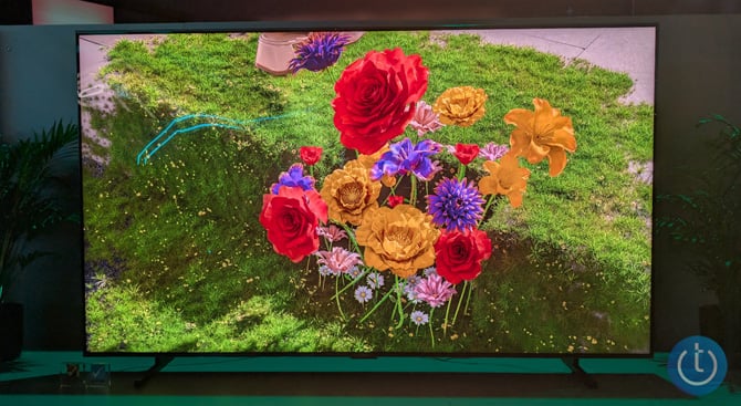 Hisense 116 UX RGB Mini-LED TV is shown with flowers on the display.