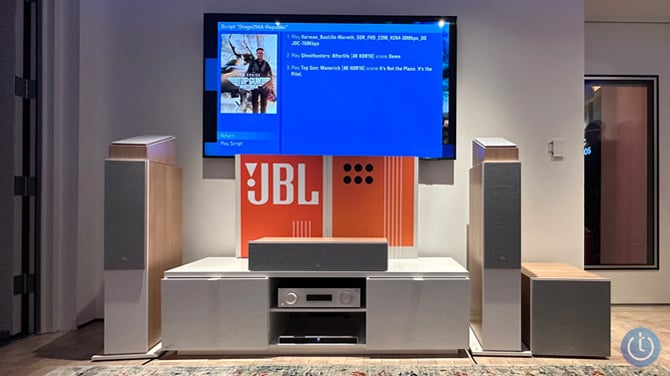 JBL home theater demo setup ($3,500)  from the left: 260F Floor standing loudspeaker (x2)with 240H Dolby Atmos-enabled Height Module (x2), 245C Center Channel speaker with MA710AVE below, 220P 12-inch Subwoofer. Not shown in the rear are two 250B Bookshelf speakers.   