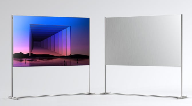 LG Zero Connect Wallpaper TV on a stand from the front and back