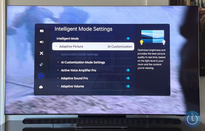 Samsung Neo QLED 8K QN900D showing the Intelligent Mode Settings menu onscreen.