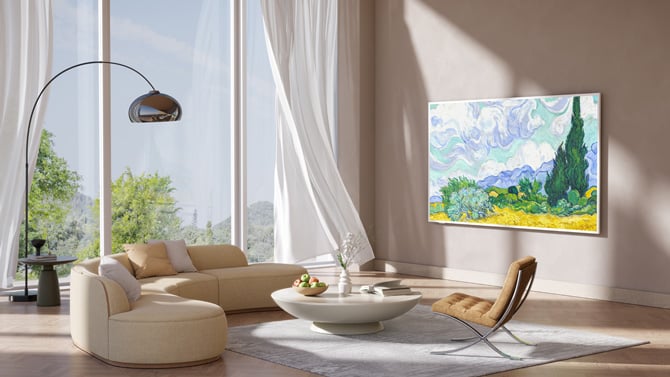 TCL NXTFrame model AW300 is shown hanging on a wall.