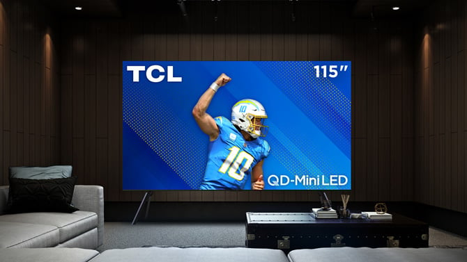 The 115-inch TCL QM89G1 is shown on a stand.