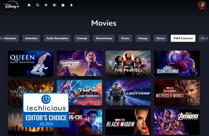  A screenshot of the Disney Plus service showing a list of IMAX Enhanced movies. The Techlicious Editor's Choice Award logo is in the lower left.