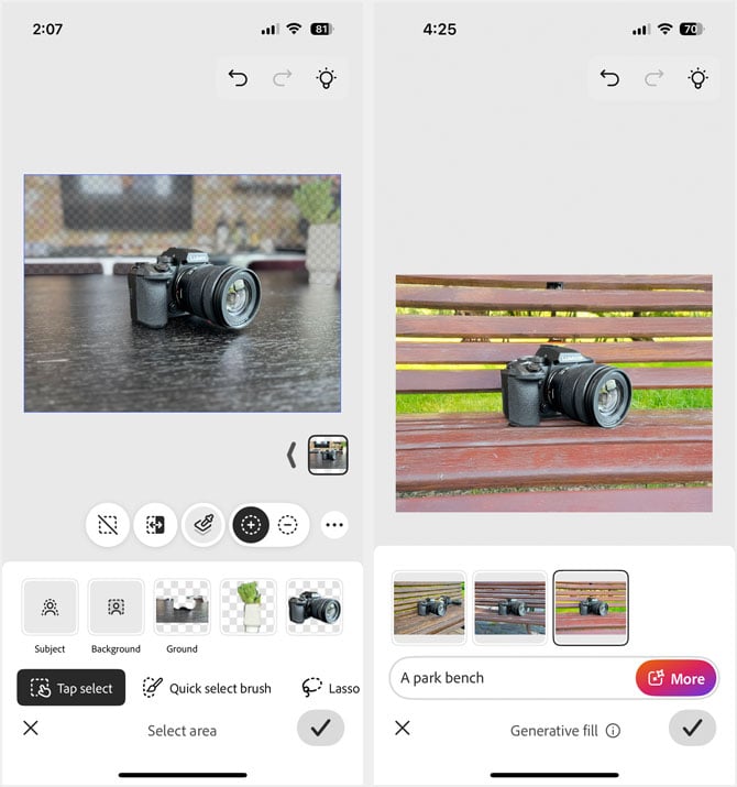 Two screenshots of Photoshop for iOS. On the left you see Tap Select and on the right you see a generative AI background fill.