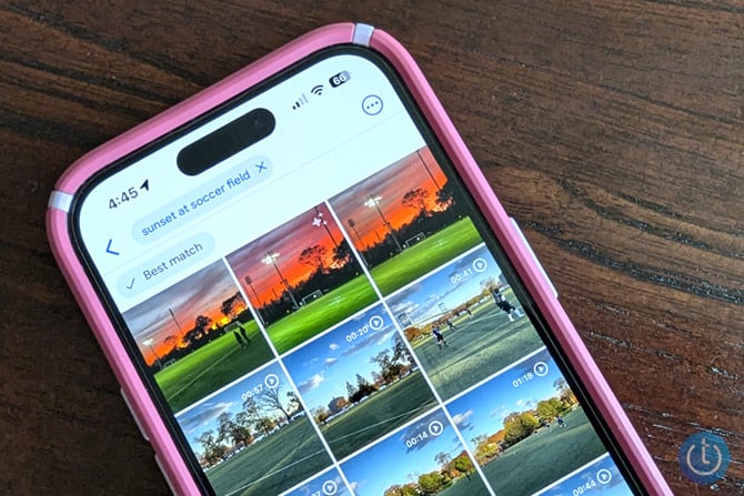 iPhone showing Google Photos with sunset at a soccer field search results