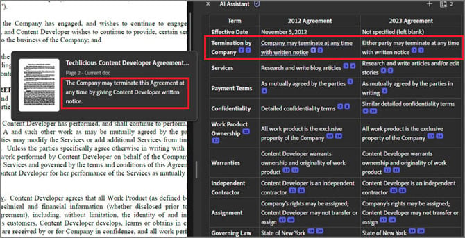 Adobe Acrobat AI comparison of two versions of a contract showing annotations of differences.