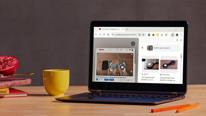 A laptop shows a screenshot of the Chrome browser showing Google Lens image search results for a product in a YouTube video.