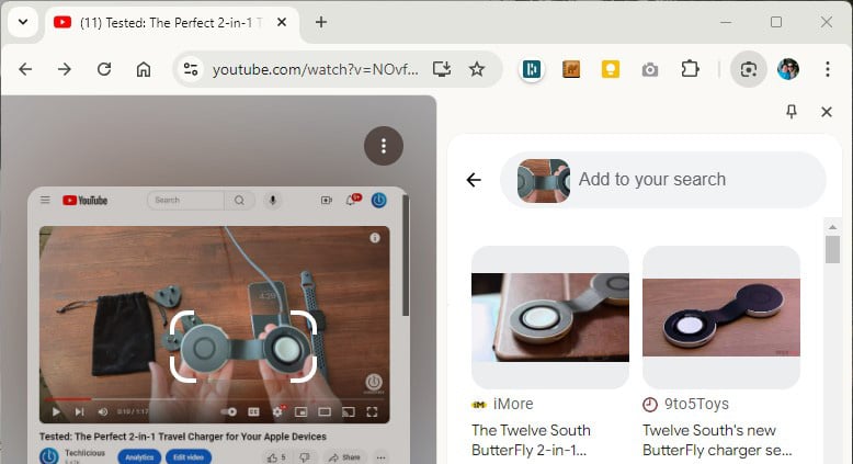 Chrome's Search with Google Lens on a web page showing a product selected and results on the side.