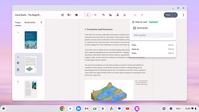 Chromebook Help Me Read feature screenshot showing the options to summarize and ask a question.