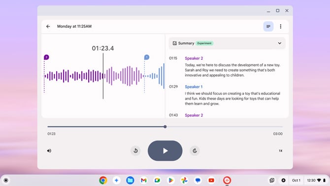 Chromebook Recorder app screenshot showing multiple speakers.