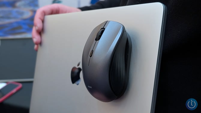 The ESR HaloLock MagMouse is attached to the back for a MacBook Air.