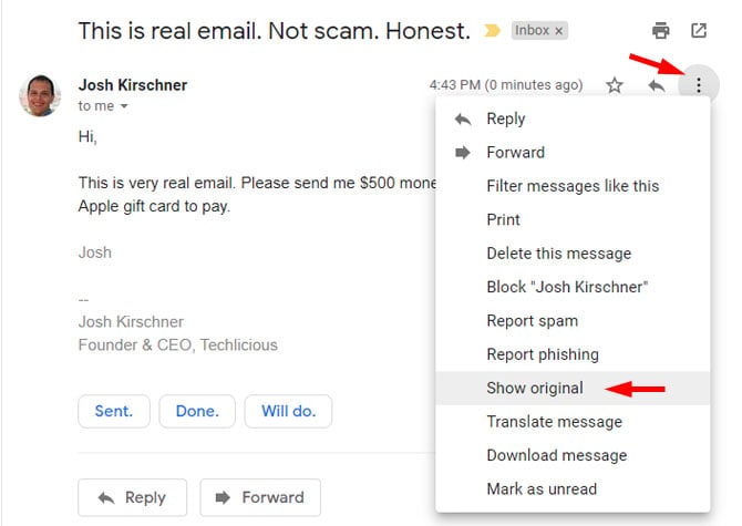 Screenshot of Gmail message entitled  This is real email. Not scam. Honest. with the triple dot menu icon pointed out and a dropdown menu with Reply, Forward, Filter messages like this, Print, Delete this message, Block Josh Kirschner, Report spam Report phishing, show original (pointed out), translate message download message and mark as read. 