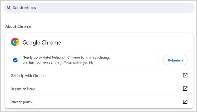 Screenshot of Google Chrome settings showing that Chrome needs to relaunch to finish updating.