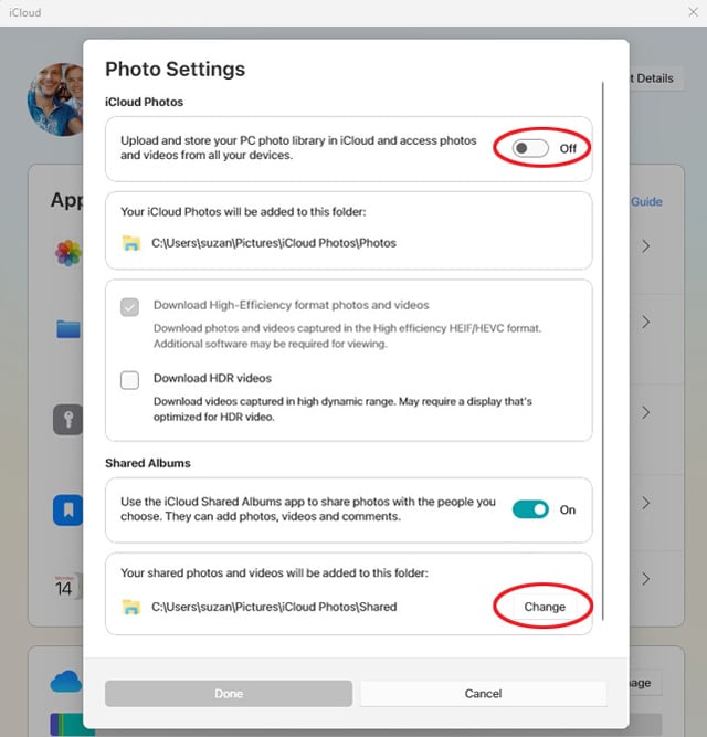 Screenshot of Windows iCloud app showint the Photos Settings screen with the sync button and change button highlighted.