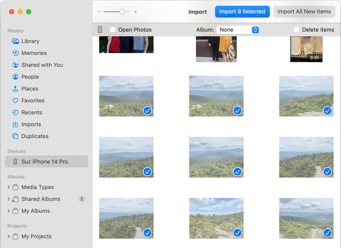 Screenshot of Apple Photos app showing iPhone selected as import source and 9 photos selected for import. 