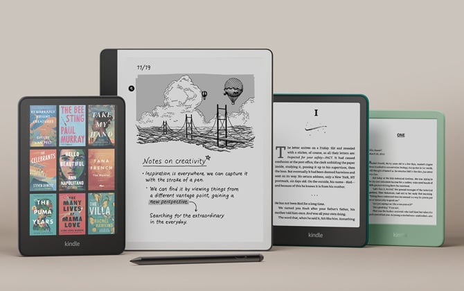 New Amazon Kindle line from the left: Kindle Colorsoft Signature Edition, New Kindle Scribe, Kindle Paperwhite, and Kindle.