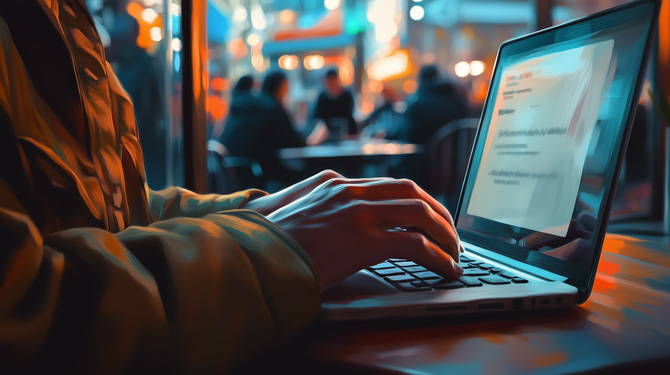 Concept drawing of a person using a laptop in a cafe.