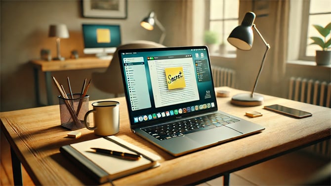 Concept drawing of a laptop on a desk with a sticky note that has a password written on it.