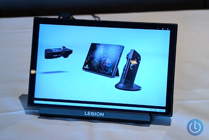 Lenovo Legion Go shown in the dock from the front without its controllers.