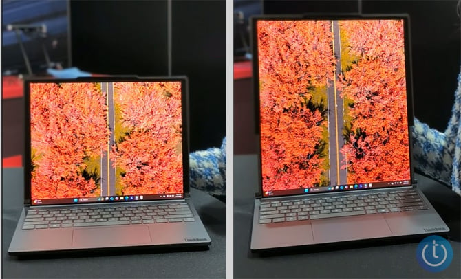 The ThinkBook Gen 6 Rollable is shown with the screen down on the left and up on the right.