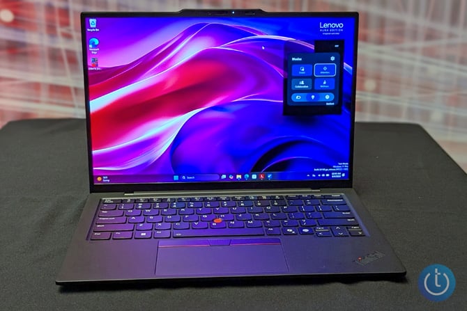  The ThinkPad X1 Carbon Gen 13 Aura Edition is shown from the front.