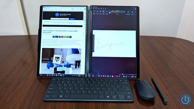Lenovo Yoga Book 9i is shown with the two screens side by side.