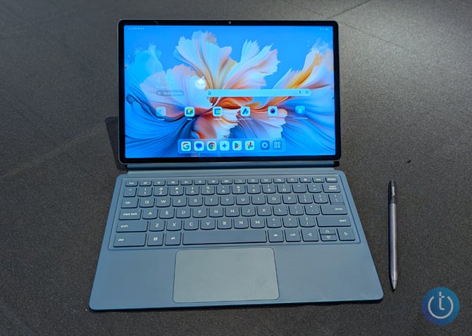 Lenovo Yoga Tab Plus with the keyboard attached and the pen