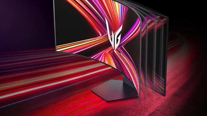 The LG UltraGear OLED Bendable Gaming Monitor is shown bending.