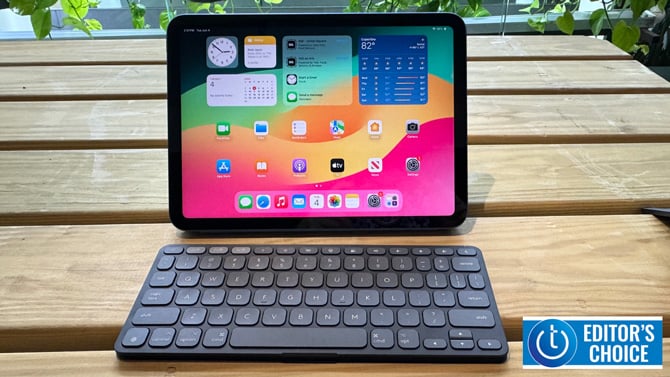 Logitech Keys-To-Go 2 is shown with an iPad. The Techlicious Editor's Choice award icon is in the lower right corner.