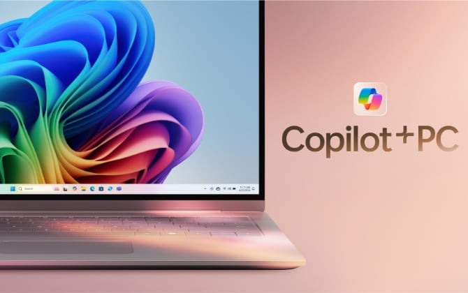An open laptop next to the Microsoft Copilot+ PC logo