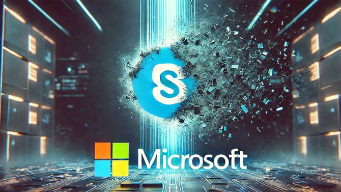 Conceptual drawing of Skype logo vaporizing with the Microsoft logo in the foreground