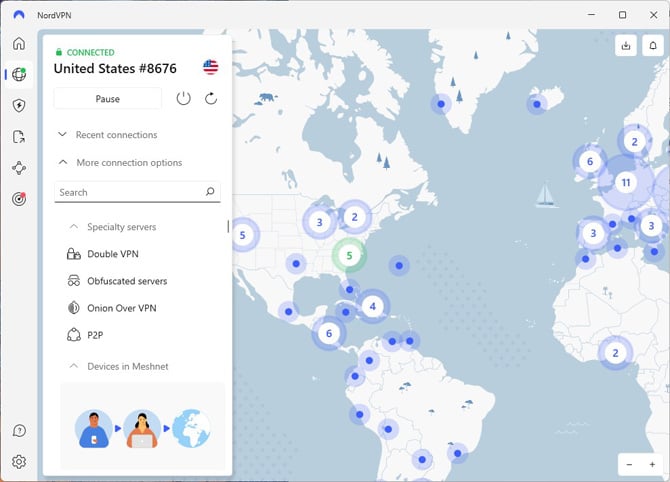 Screenshot of NordVPN connection screen showing a list of countries to connect to as well as option to connect to MultiHop and Static IP addresses.