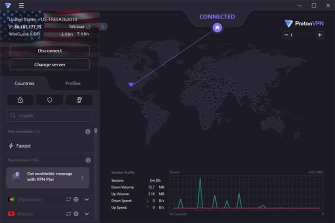 Screenshot of connection screen for ProtonVPN free showing a connection to a server in the U.S.