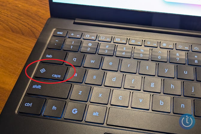 Closeup of the Samsung Galaxy Chromebook Plus keyboard with the Quick Insert Key circled.