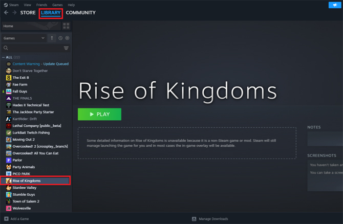 Steam showing Rise of Kingdoms in the game library.