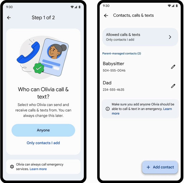 Two screenshots of the Family Link app: On the left, you see the option for limiting calls and texts to contacts you add. On the right, you see parent-managed contacts.