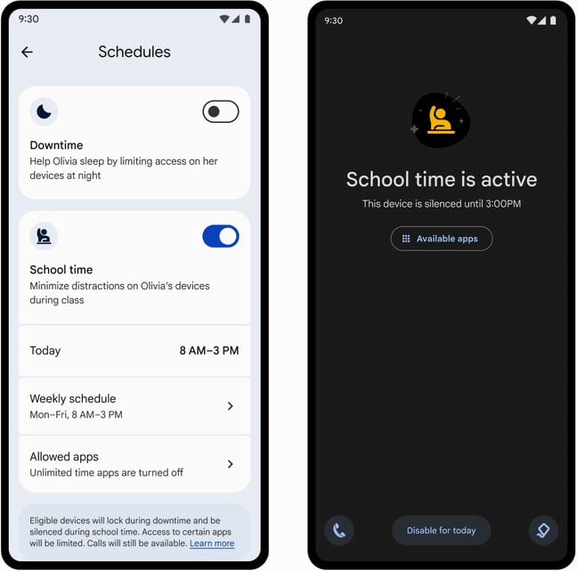 Family Link app screenshots. On the left you see Schedules tab with School Time and Downtime. On the right, you see School Time is active screen with the option to disable for the day.