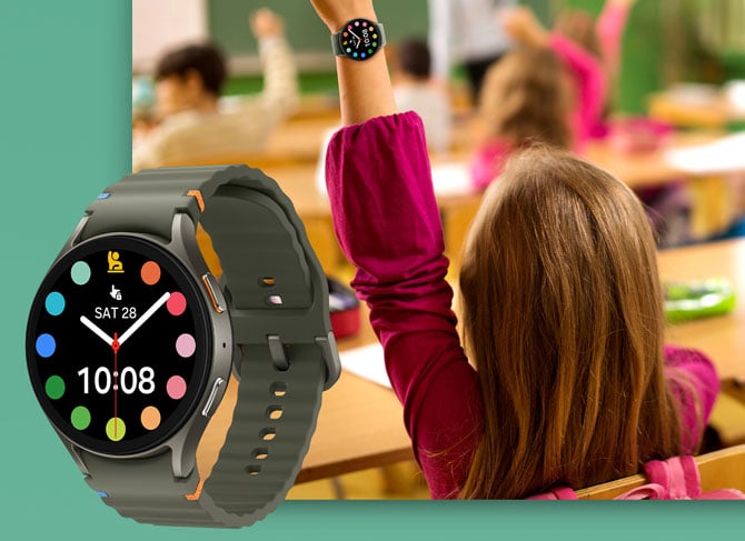 Close up shot of the Galaxy Watch7 LTE and a picture of a child wearing it in a classroom.