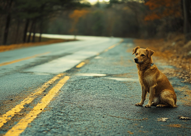 Dog sitting by the side of the road. 