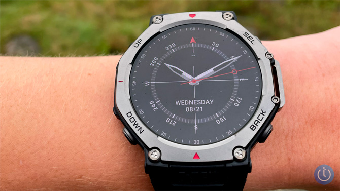 Amazfit T-Rex 3 is shown on a wrist. You can see the compass and date.