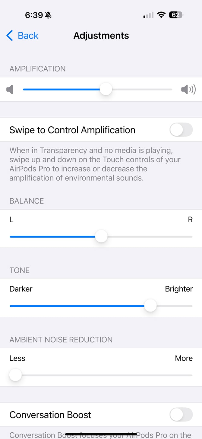 A screenshot of the Settings app showing the Amplification feature of Hearing Adjustments.