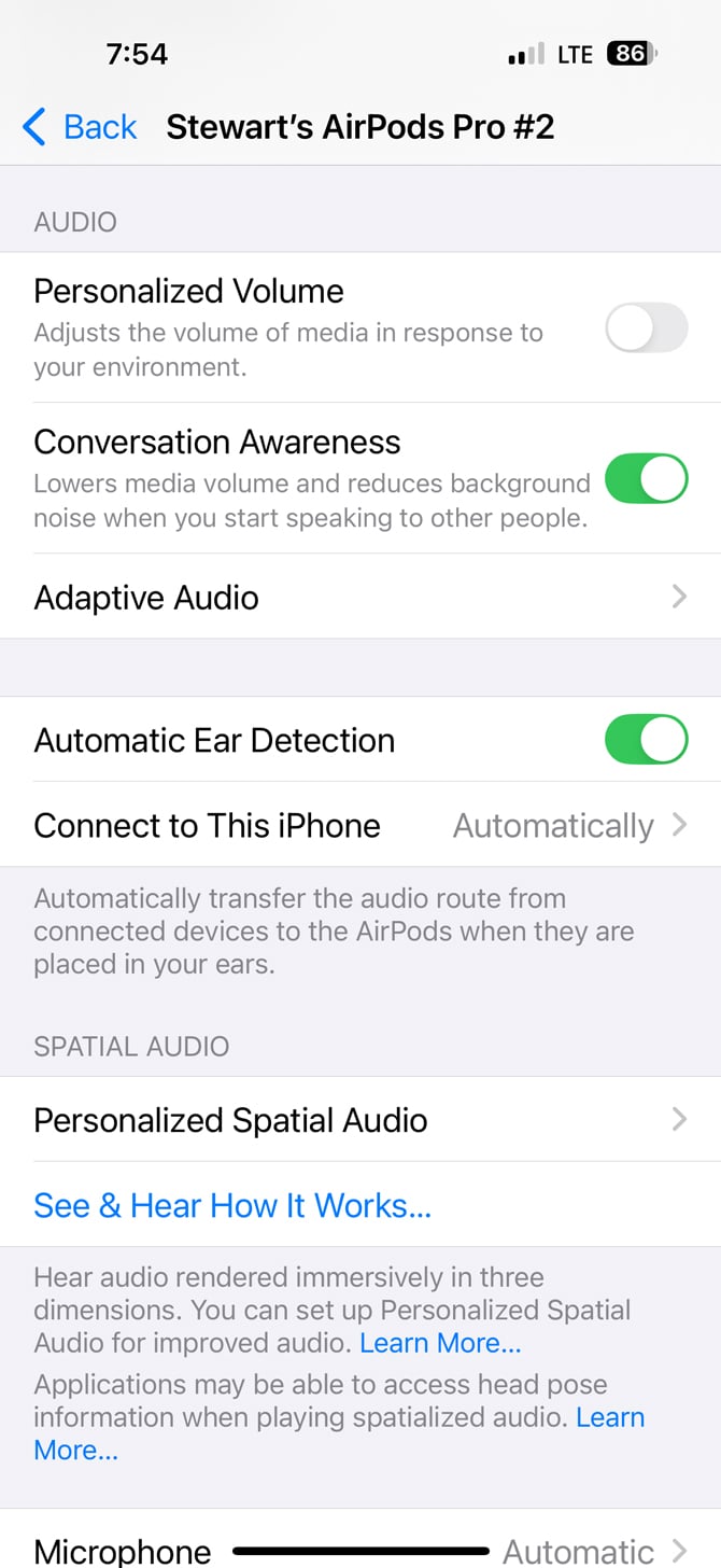 A screenshot of the Settings app showing the Audio Settings for AirPods Pro 2