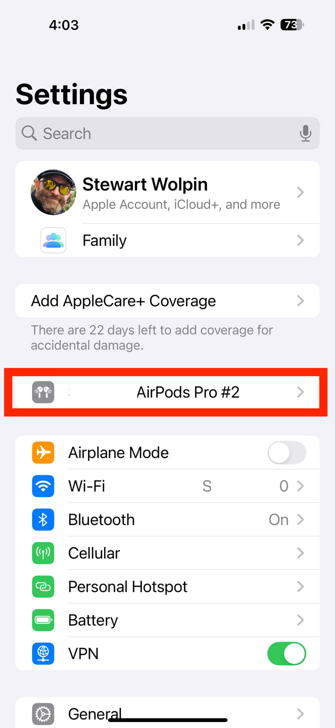 Settings app showing AirPods Pro 2 highlighted