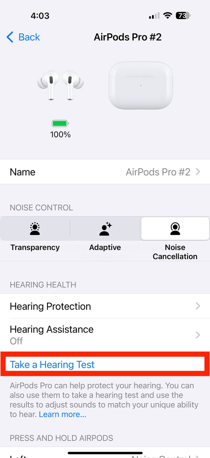 AirPods Pro 2 screen showing the option to Take a Hearing Test