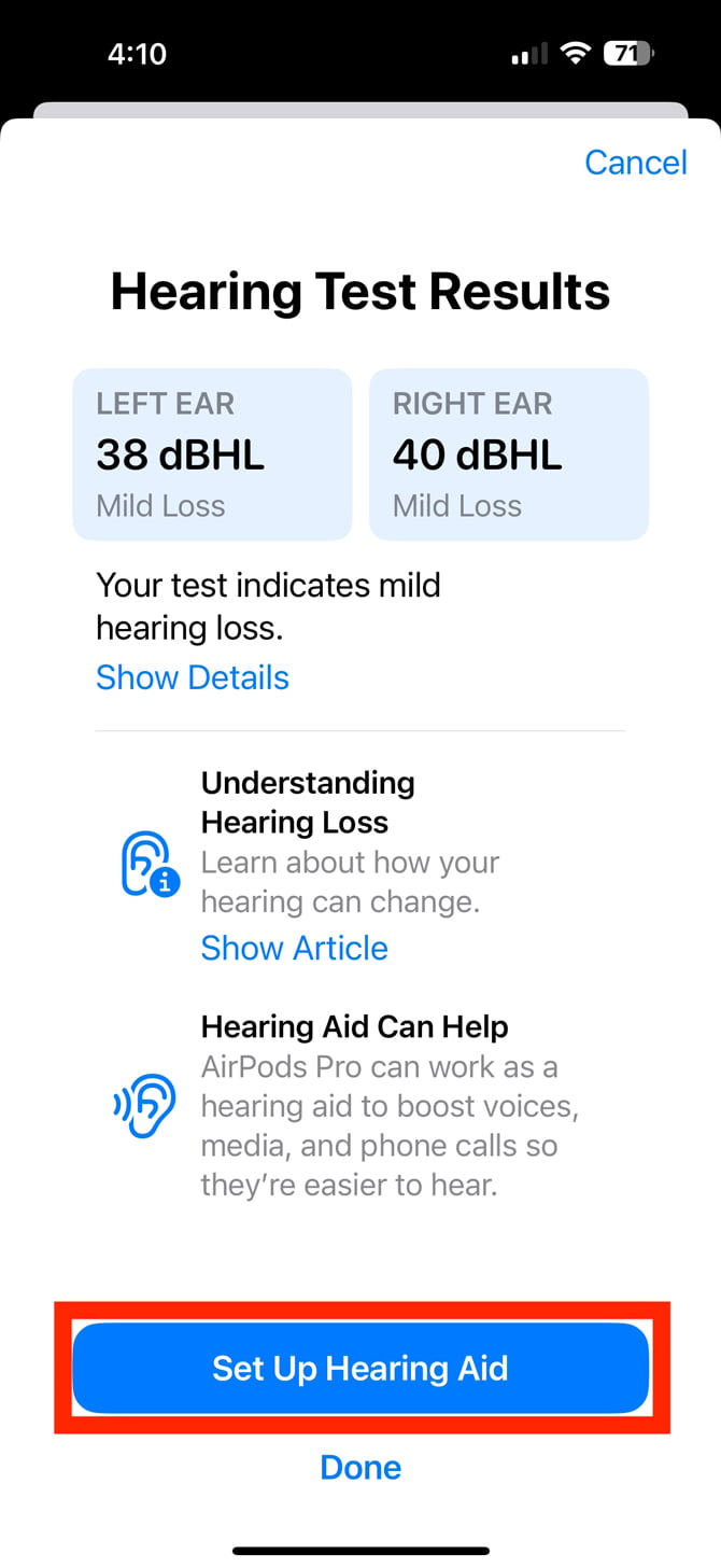 AirPods Pro 2 hearing test screenshot showing the test results and the option to Set Up Heaing Aid highlighted