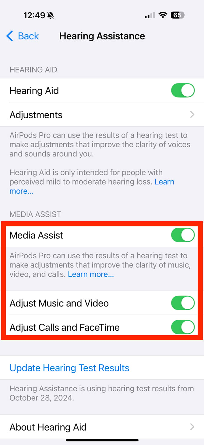 Settings app showing the Hearing Assistance options with Media Assist, Adjust Music and Video, and Adjust Calls and FaceTime highlighted