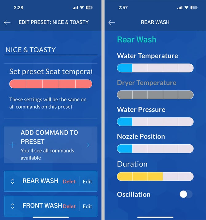 Two screenshots of the Bio Bidet app for the BB-1200. On the left, you see setting the temperature, and on the right, you see all of the setting for Read Wash, including the water temperature, pressure, and duration.