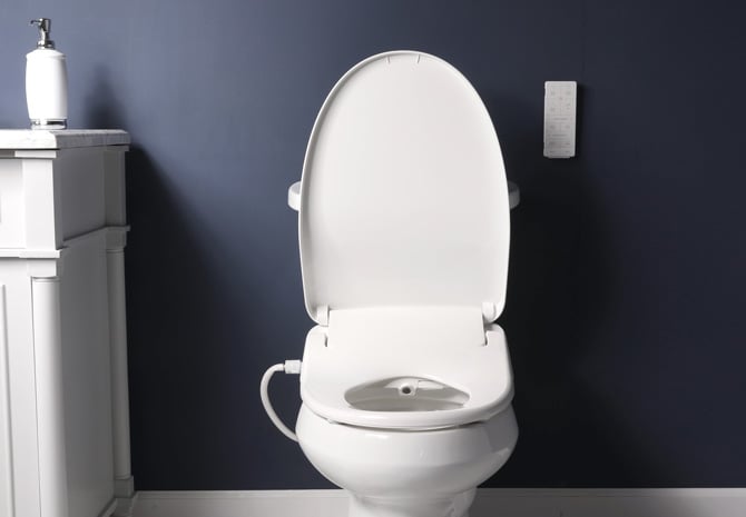 The Bio Bidet BB-1200 seat is shown from the front installed on a toilet.