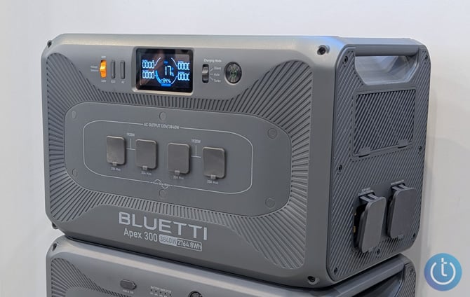 Bluetti Apex 300 showing four front outlets and two side outlets