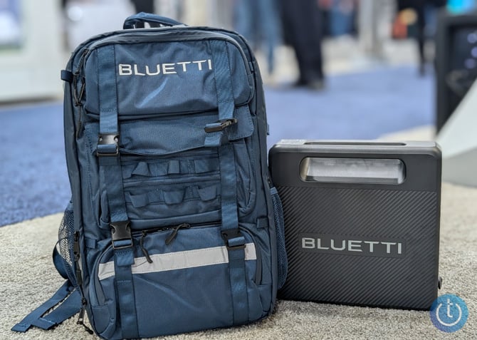 Bluetti Handsfree 1 backpack next to modular storage battery